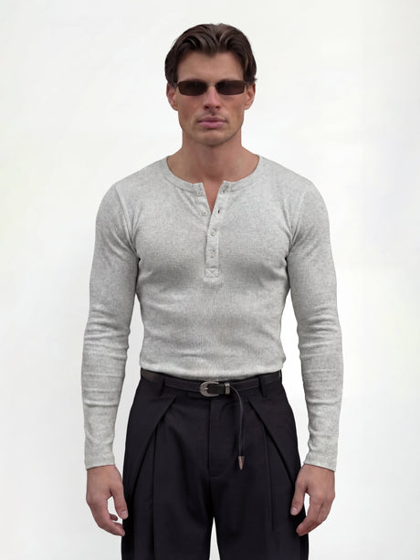 Light Grey Ribbed Henley Longsleeves Tshirt T-Shirts Fugazee 