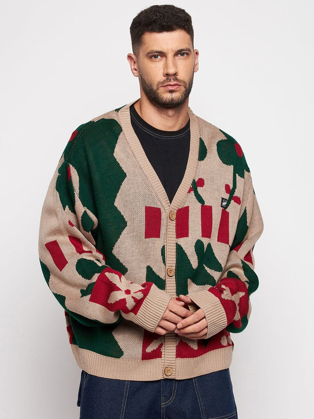 Beige Abstract Oversized Cardigan Sweaters Fugazee 