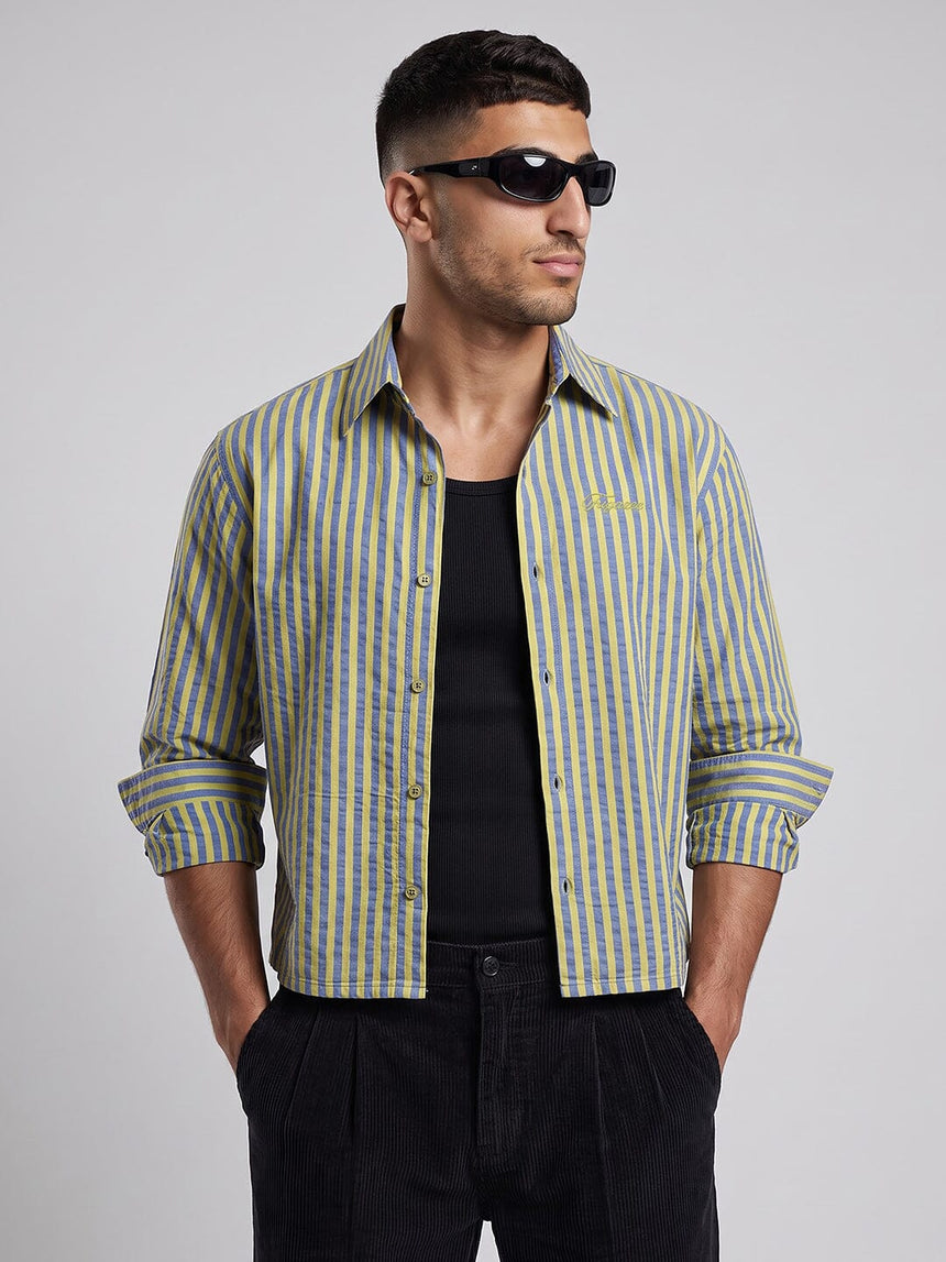 Warm Green & Blue Striped Cropped Shirt Shirts Fugazee 