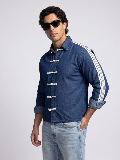 Dark Wash Taped Frog Buttoned Cropped Shirt Shirts Fugazee 