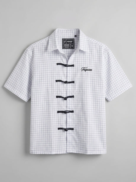 White Grid Checks Frog Knot Cropped Shirt Shirts Fugazee 