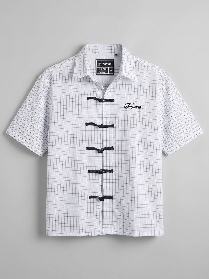 White Grid Checks Frog Knot Cropped Shirt Shirts Fugazee 