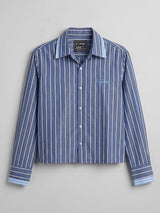 Cobalt Blue Striped Double Collared Cropped Shirt Shirts Fugazee 