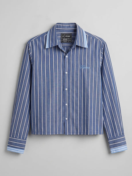 Cobalt Blue Striped Double Collared Cropped Shirt Shirts Fugazee 