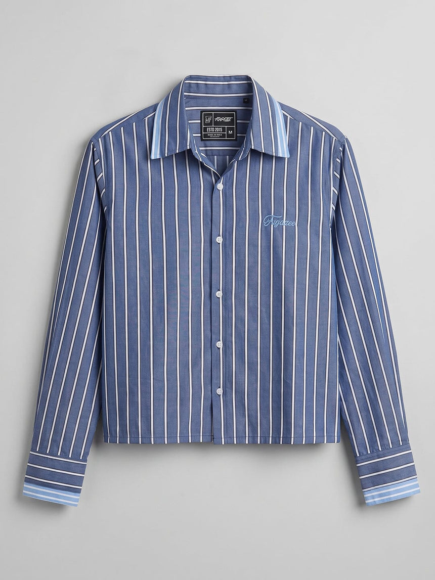 Cobalt Blue Striped Double Collared Cropped Shirt Shirts Fugazee 