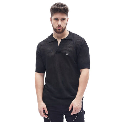 Black Textured Knit Polo Tshirt