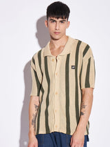 Camel Stripes Crotchet Knitted Shirt