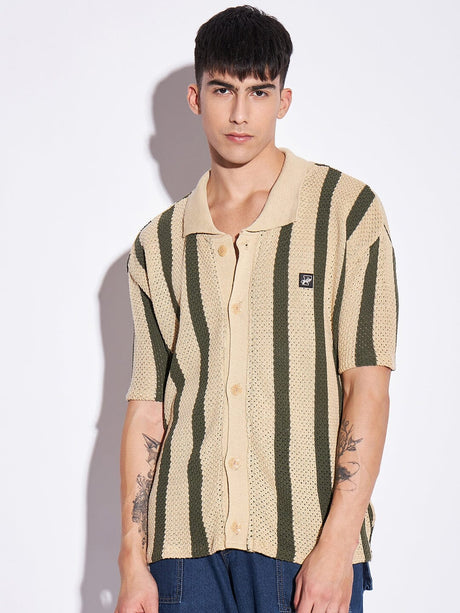 Camel Stripes Crotchet Knitted Shirt Shirts Fugazee 