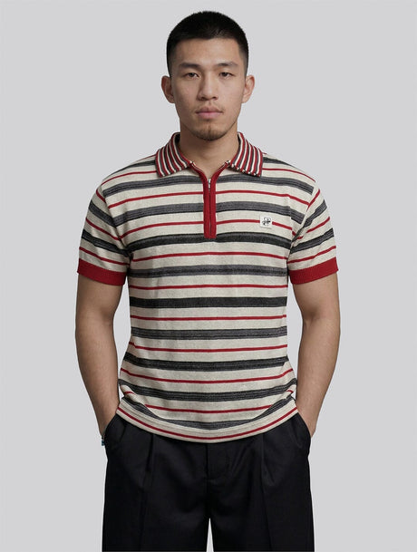 Biege Multicolour Striped Zipped Knitted Polo Tshirt T-Shirts Fugazee 