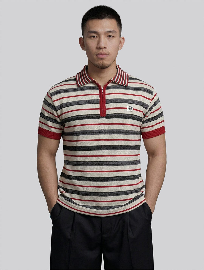 Biege Multicolour Striped Zipped Knitted Polo Tshirt T-Shirts Fugazee 