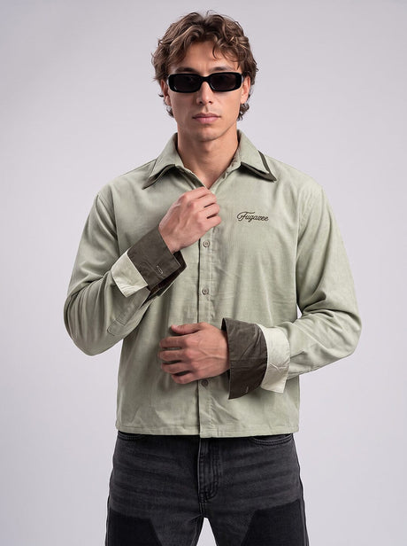 Sage Green Double Collared Cropped Corduroy Shirt Shirts Fugazee 