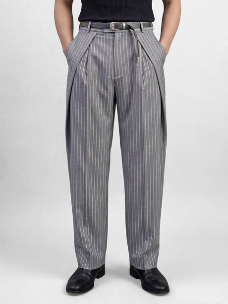 Grey Striped Pleated Korean Pants Trousers Fugazee 