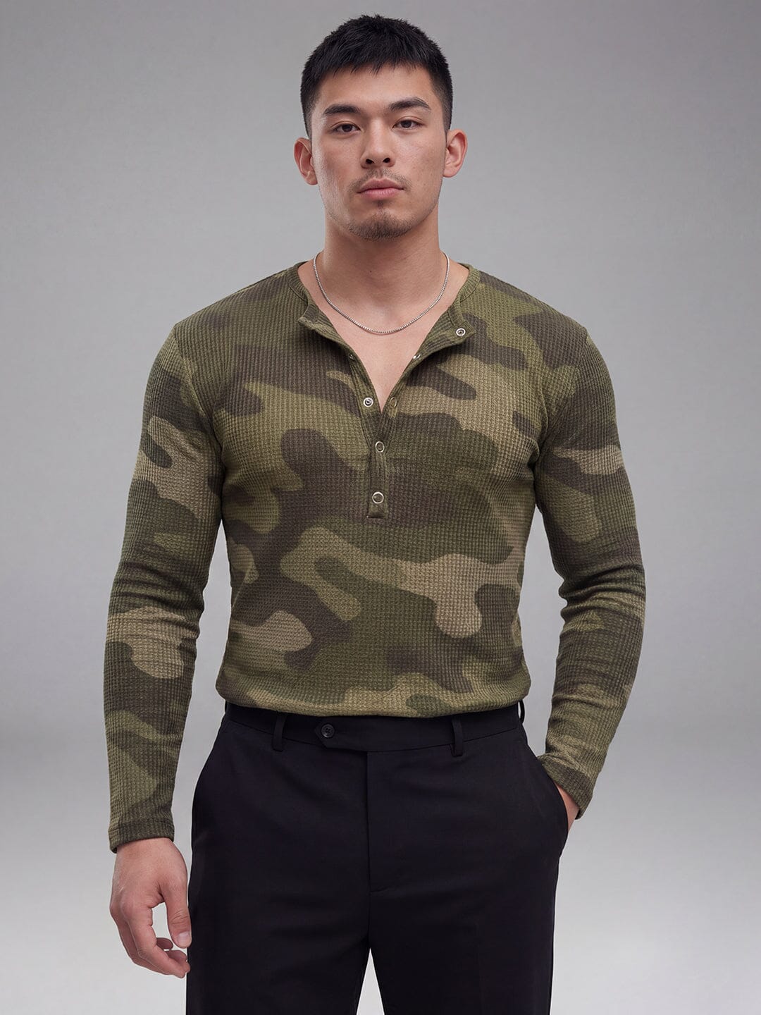 Camo Waffle Henley Longsleeves Tshirt| Buy Mens Tshirt | Fugazee