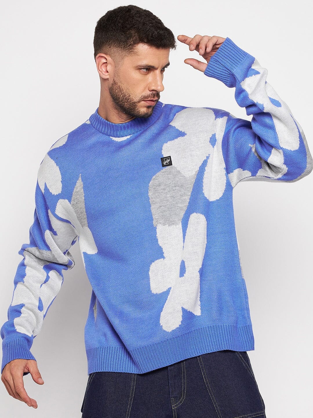 Sky Blue Floral Oversized Sweater | Buy Mens Sweaters | Fugazee