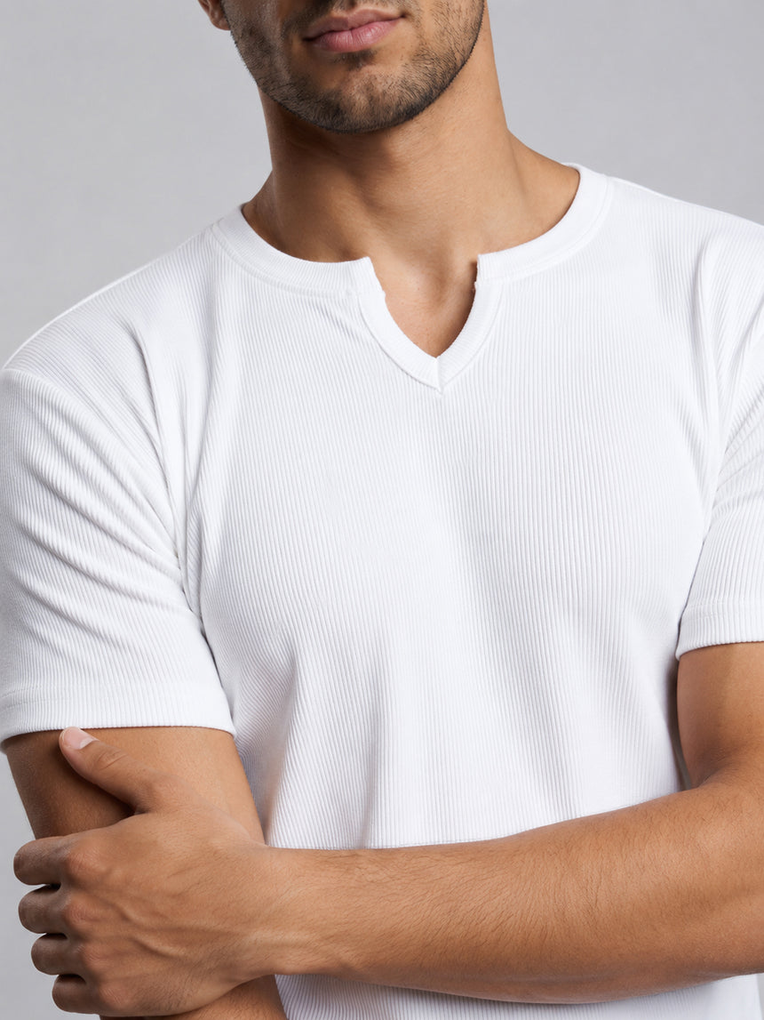 White Notch Neck Ribbed Tshirt