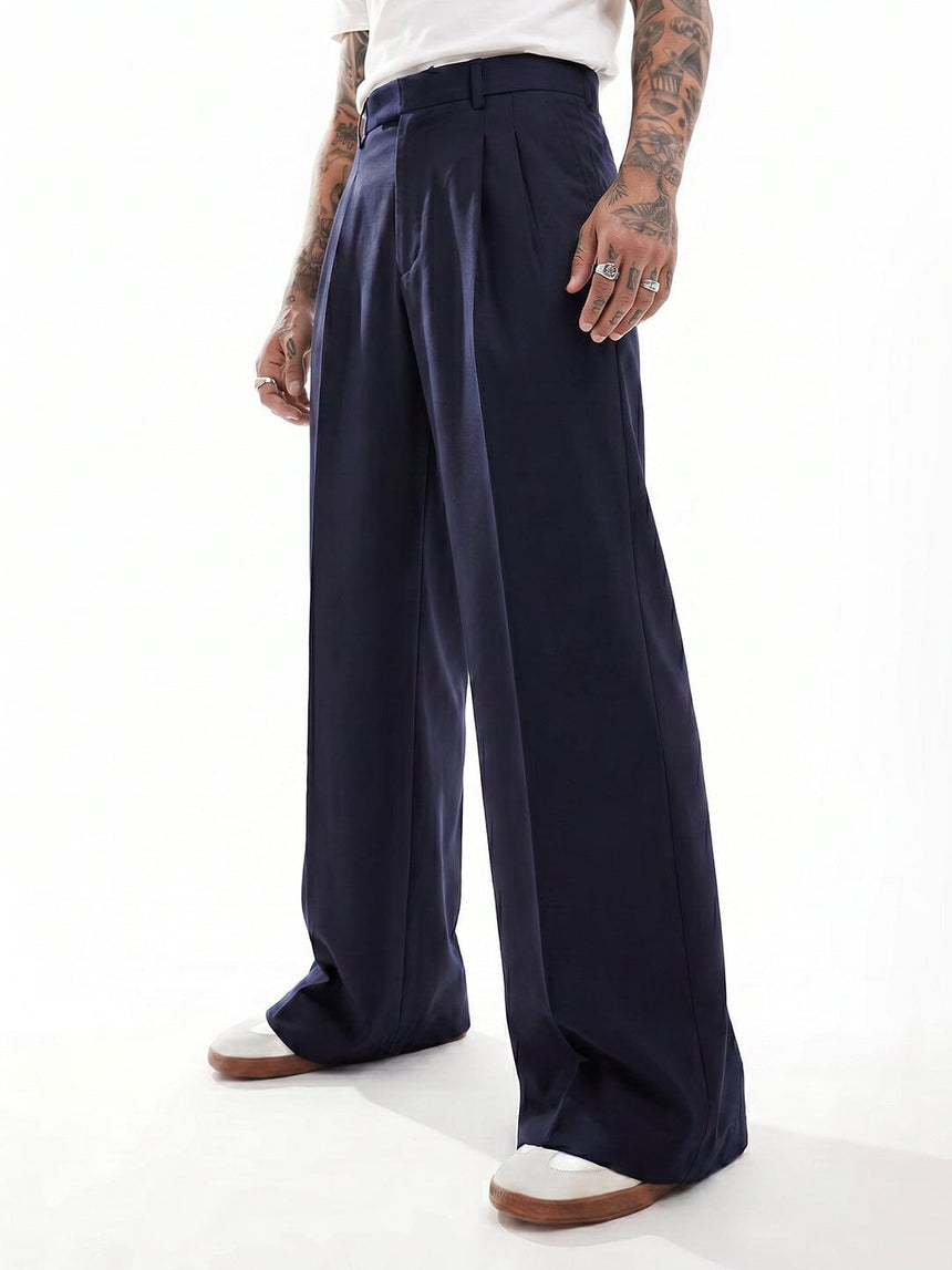Navy Wide Leg Pleated Trousers Trousers Fugazee 