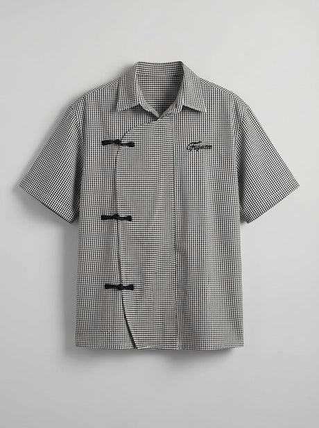 Black Checkered Chinese Frog Buttoned Cropped Shirt Shirts Fugazee 