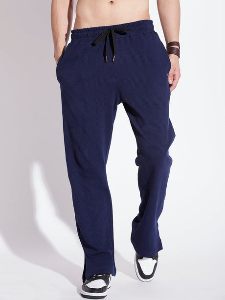 Navy Textured Relaxed Fit Boot-Cut Pant