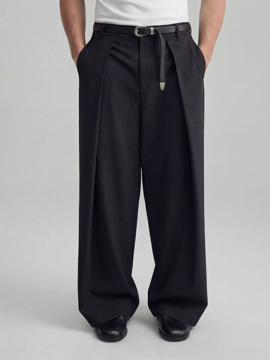 Black wide leg pleated tailored trousers for men with relaxed fit