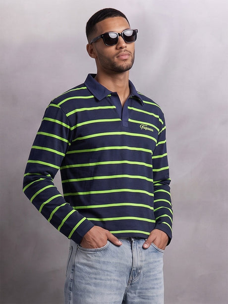 Navy Striped Cropped Longsleeve Polo Tshirt T-Shirts Fugazee 