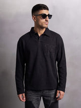 Black Textured Applique Longsleeves Polo Tshirt T-Shirts Fugazee 