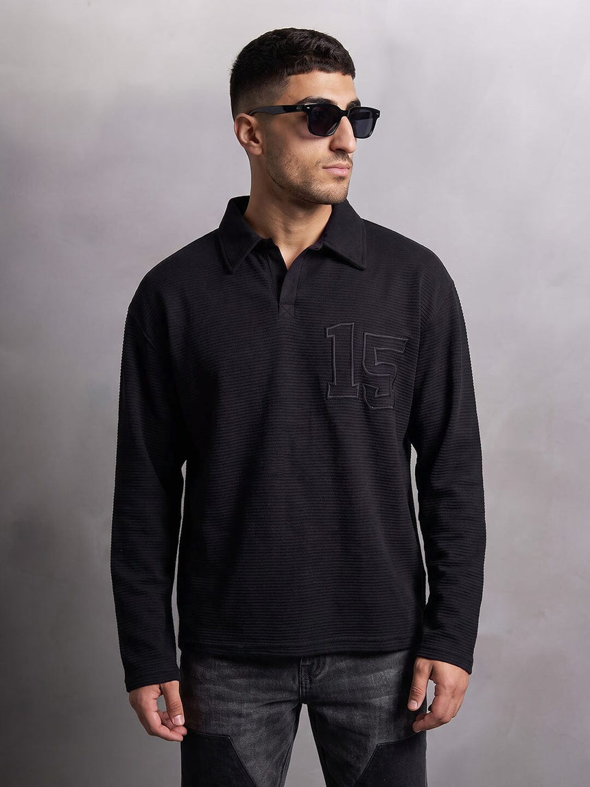 Black Textured Applique Longsleeves Polo Tshirt T-Shirts Fugazee 