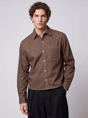 Brown Contrast Stitch Cropped Shirt Shirts Fugazee 