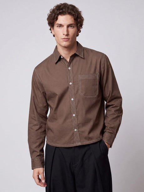Brown Contrast Stitch Cropped Shirt Shirts Fugazee 