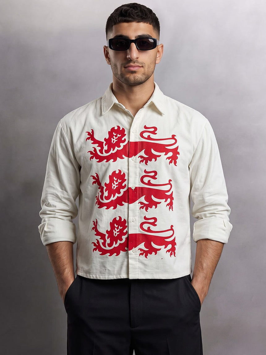 Ecru Lions Graphic Cropped Corduroy Shirt Shirts Fugazee 