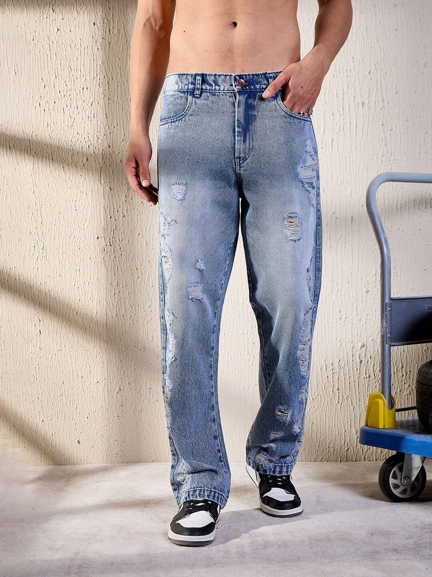 Blue Heavy Distressed Straight Fit Denim Jeans Fugazee 