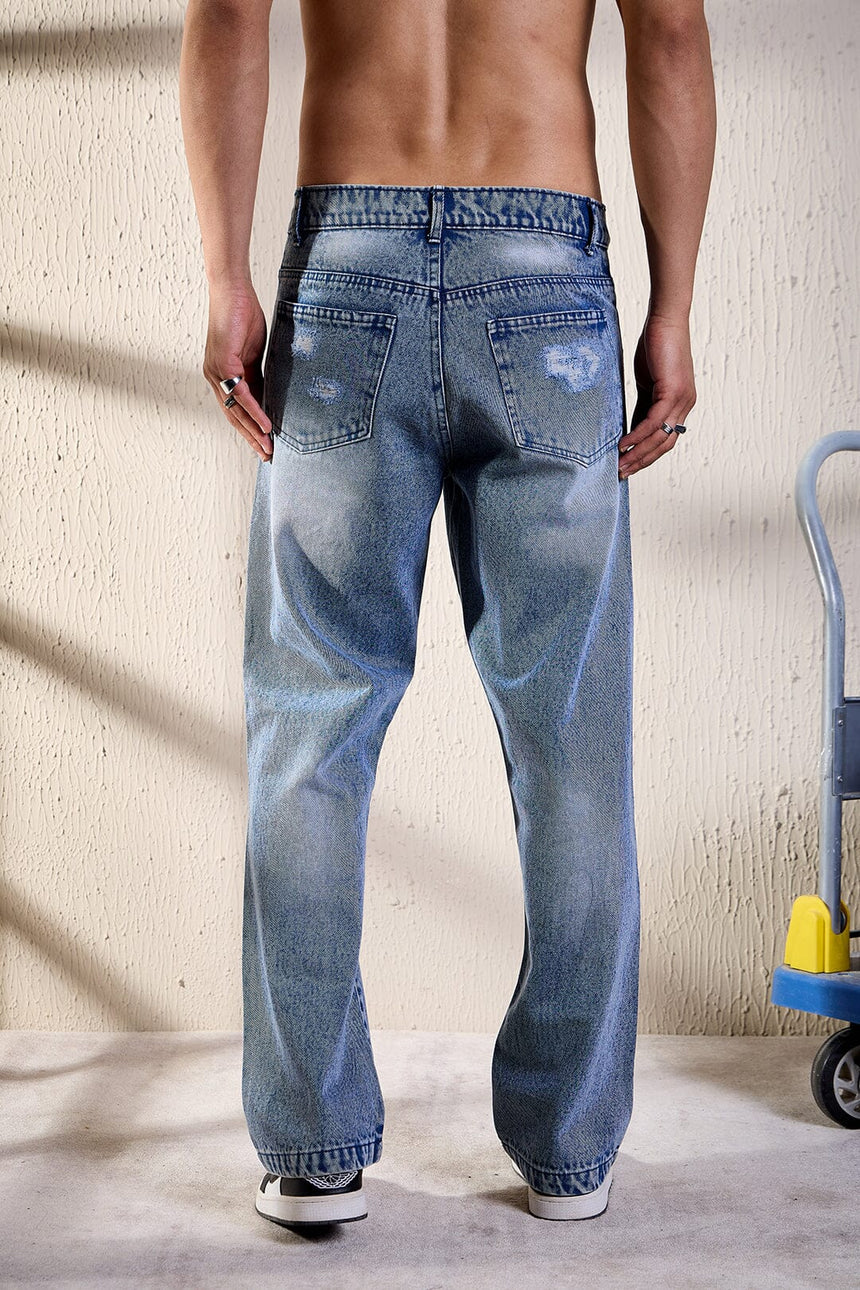 Blue Heavy Distressed Straight Fit Denim Jeans Fugazee 