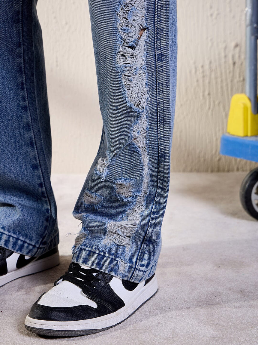 Blue Heavy Distressed Straight Fit Denim Jeans Fugazee 