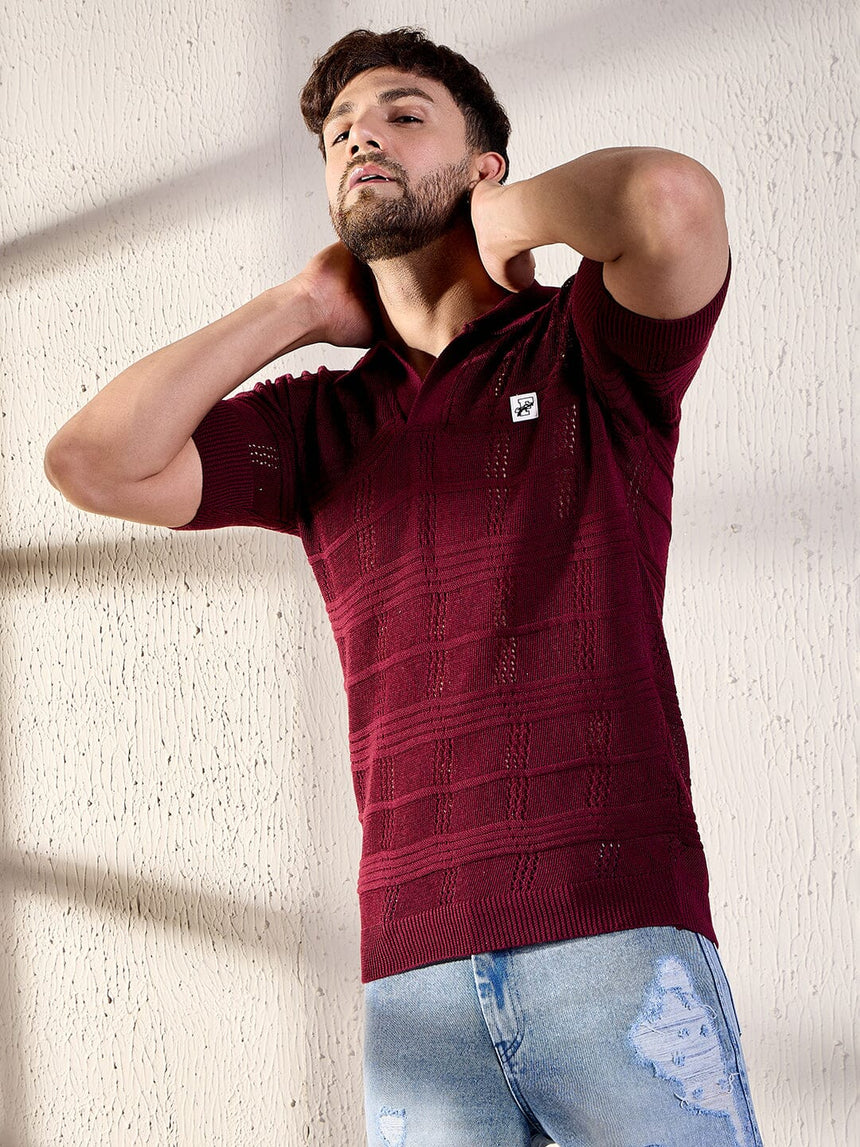 Wine Textured Knitted Polo Tee T-shirts Fugazee 
