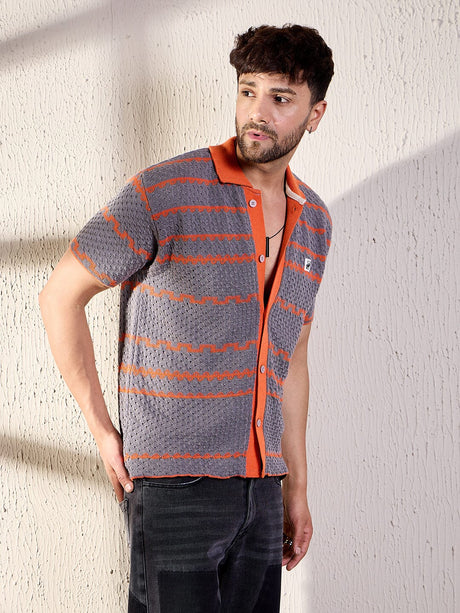 Grey And Orange Striped Crochet Shirt Shirts Fugazee 