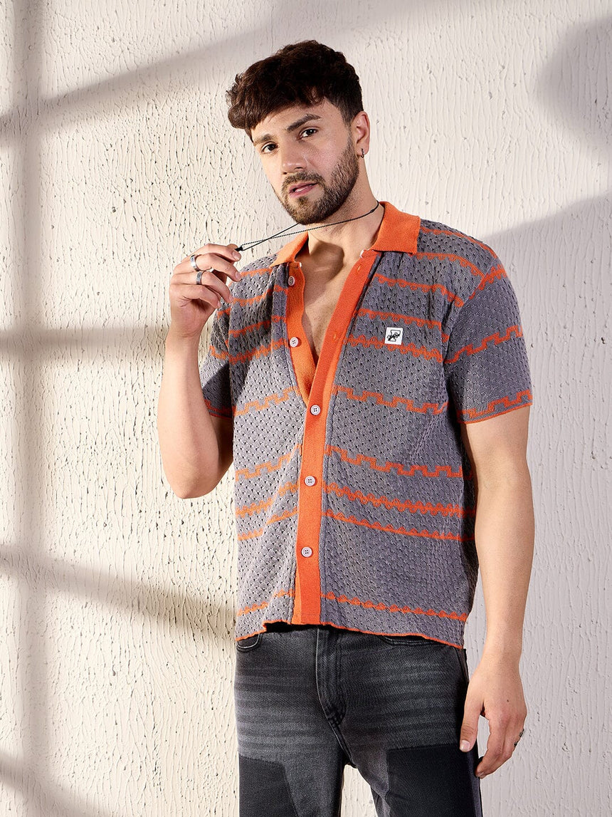 Grey And Orange Striped Crochet Shirt Shirts Fugazee 