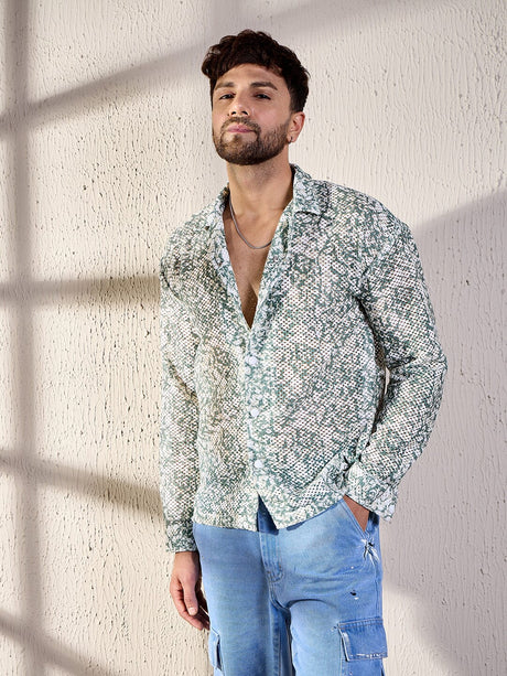 White & Olive Floral Lace Shirt Shirts Fugazee 