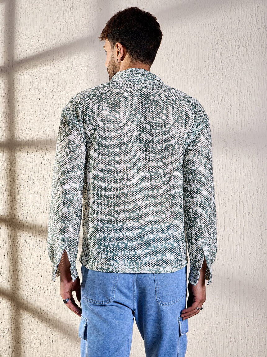 White & Olive Floral Lace Shirt Shirts Fugazee 