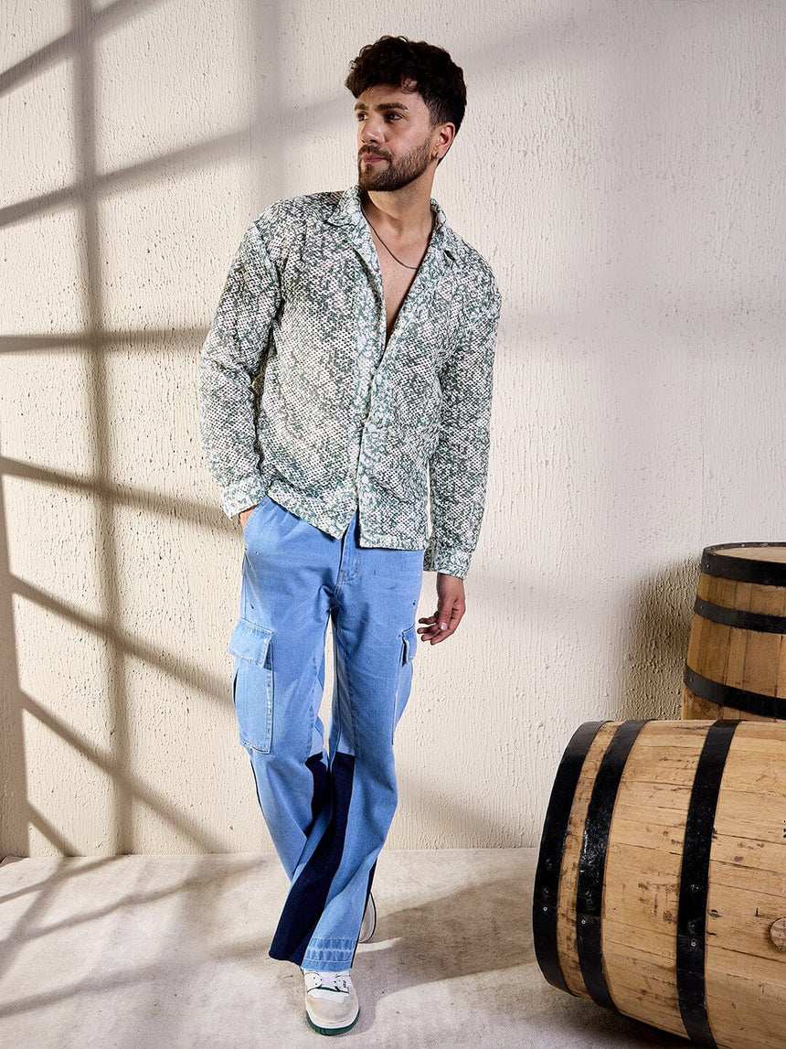 White & Olive Floral Lace Shirt Shirts Fugazee 