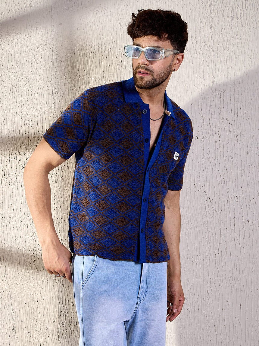 Blue & Brown Pattern Crochet Shirt Shirts Fugazee 
