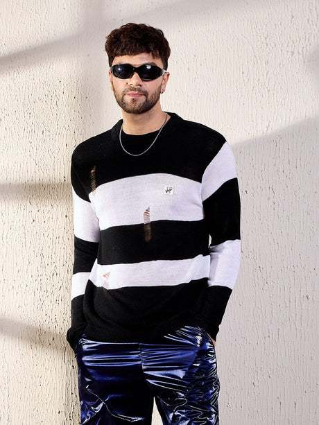 Black And White Damaged Striped Knitted Tshirt T-shirts Fugazee 