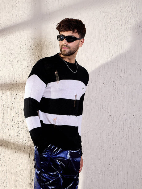 Black And White Damaged Striped Knitted Tshirt T-shirts Fugazee 