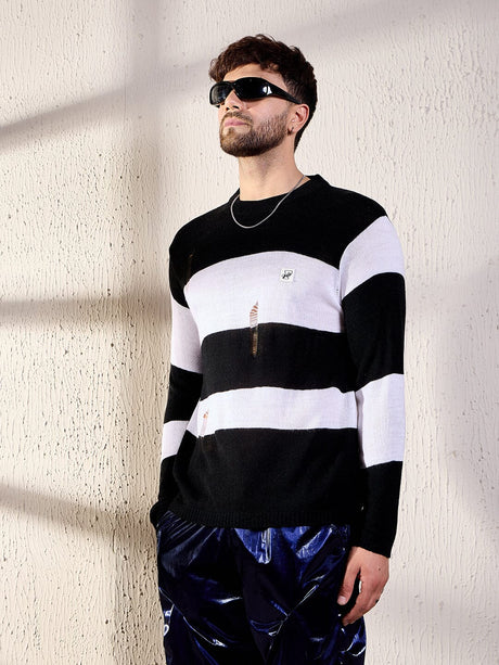 Black And White Damaged Striped Knitted Tshirt T-shirts Fugazee 