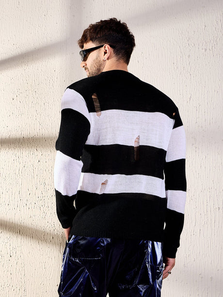 Black And White Damaged Striped Knitted Tshirt T-shirts Fugazee 