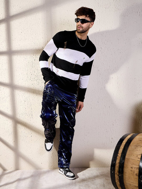 Black And White Damaged Striped Knitted Tshirt T-shirts Fugazee 