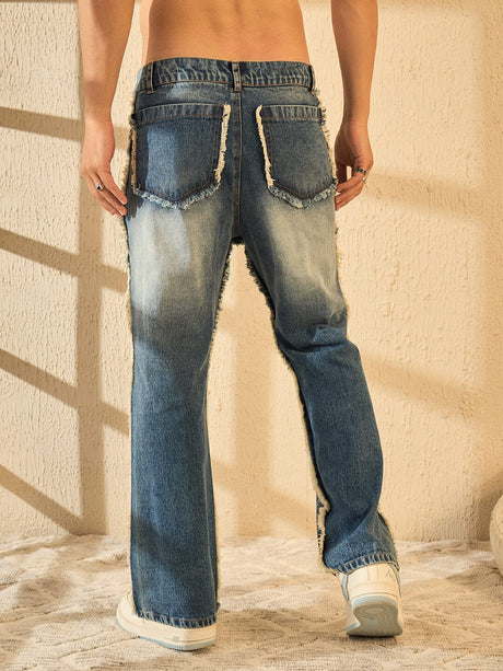 Blue Frayed Wid Leg Denim Jeans Fugazee 