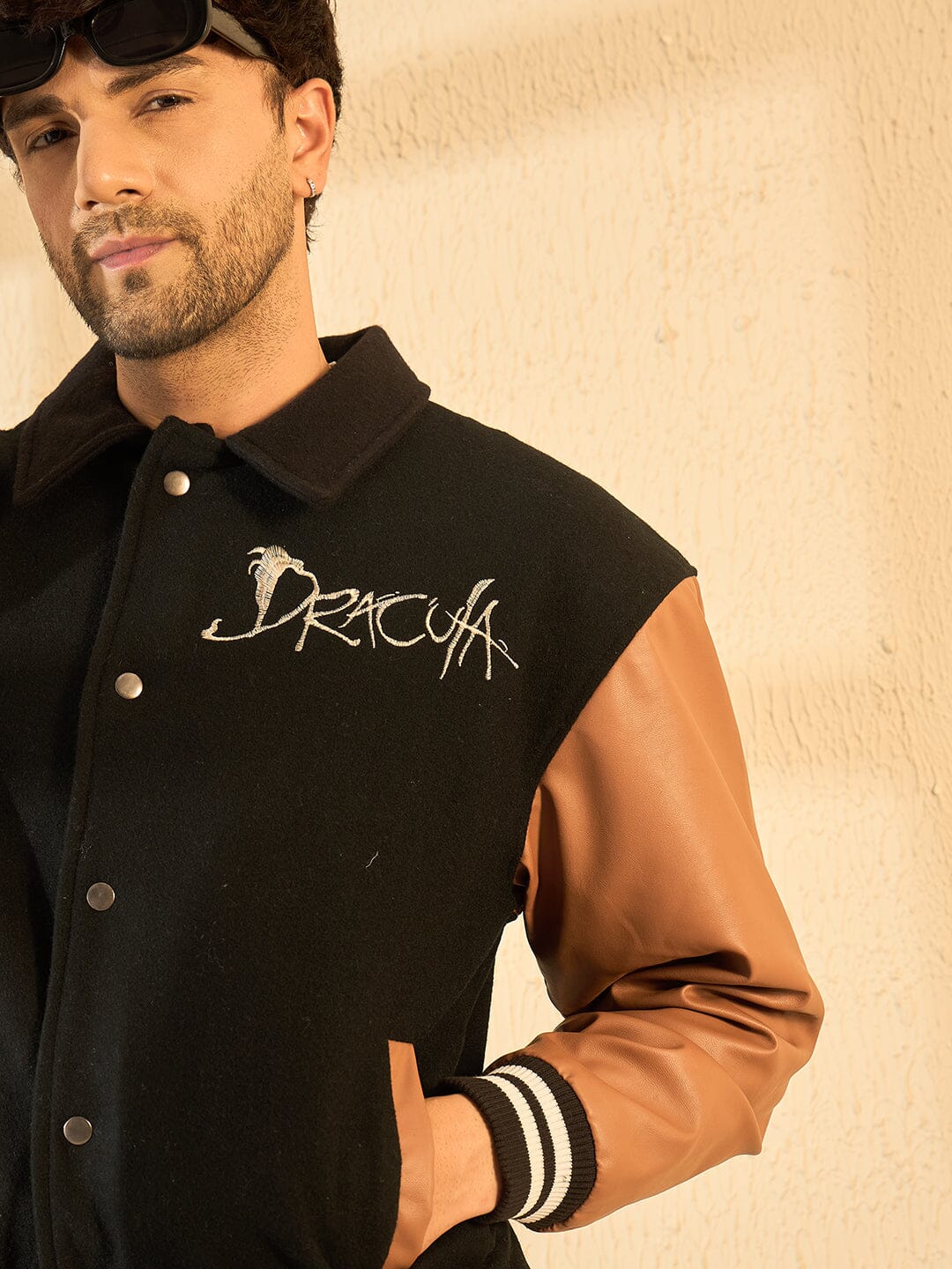 Black Dracula Embroidery Woollen Varsity Jacket | Buy Men Jacket