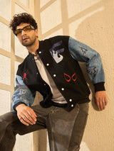 Black Woollen Tattooed Jacket With Denim Sleeves Jackets Fugazee 