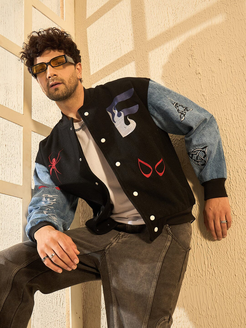 Black Woollen Tattooed Jacket With Denim Sleeves Jackets Fugazee 