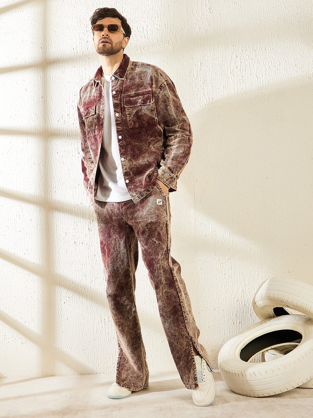 Oxblood Acid Dyed Corduroy Boot Cut Trackpants | Buy Men