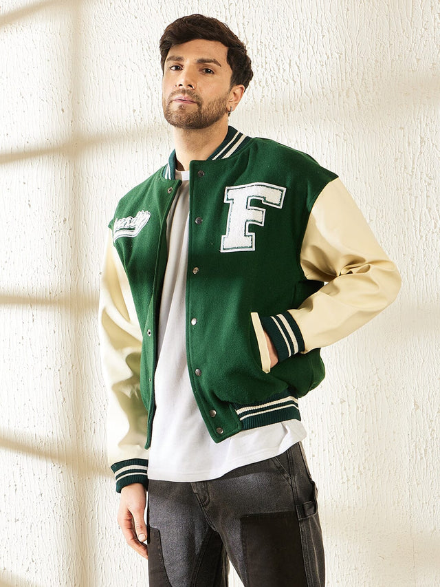 Green Woollen Faux Leather Sleeves Letterman Varsity Jacket Fugazee